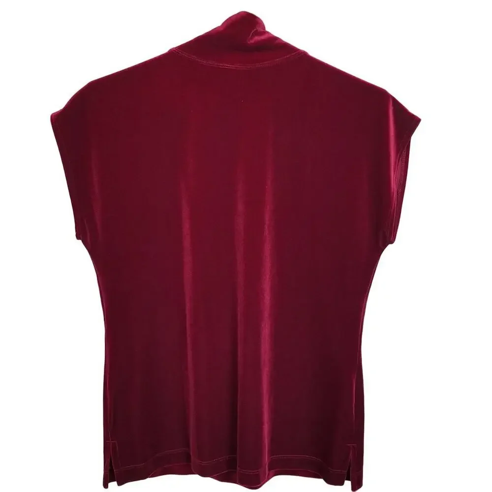 Chicos Aspen Red Velvet Mock Neck Top Sz M Classic Stretch Holiday Wedding Guest